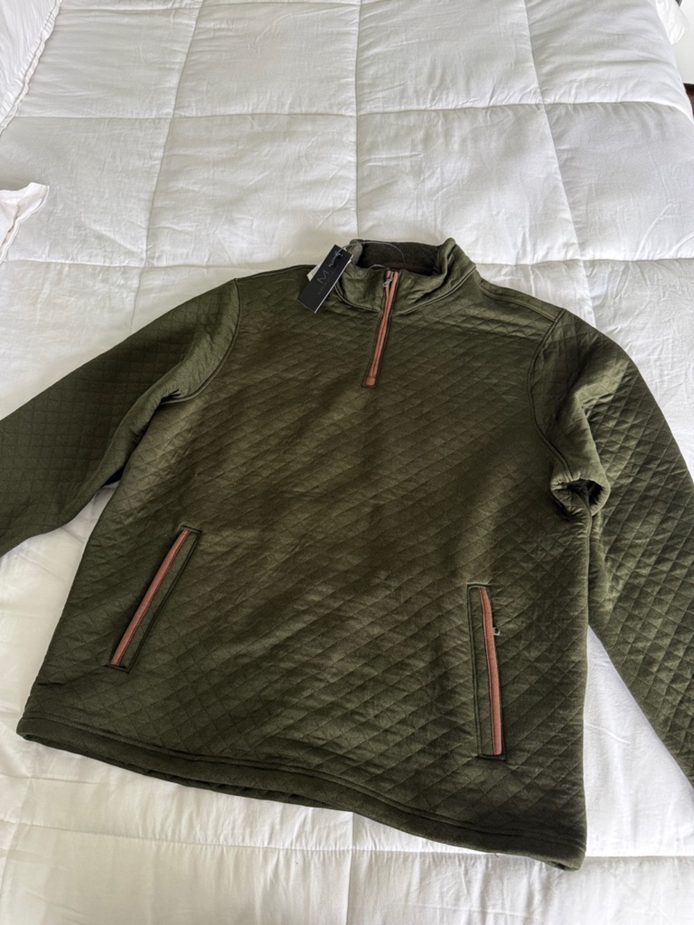 Magaschoni Men’s Quilted Quarter-Zip Pullover – Olive Green – Size Large